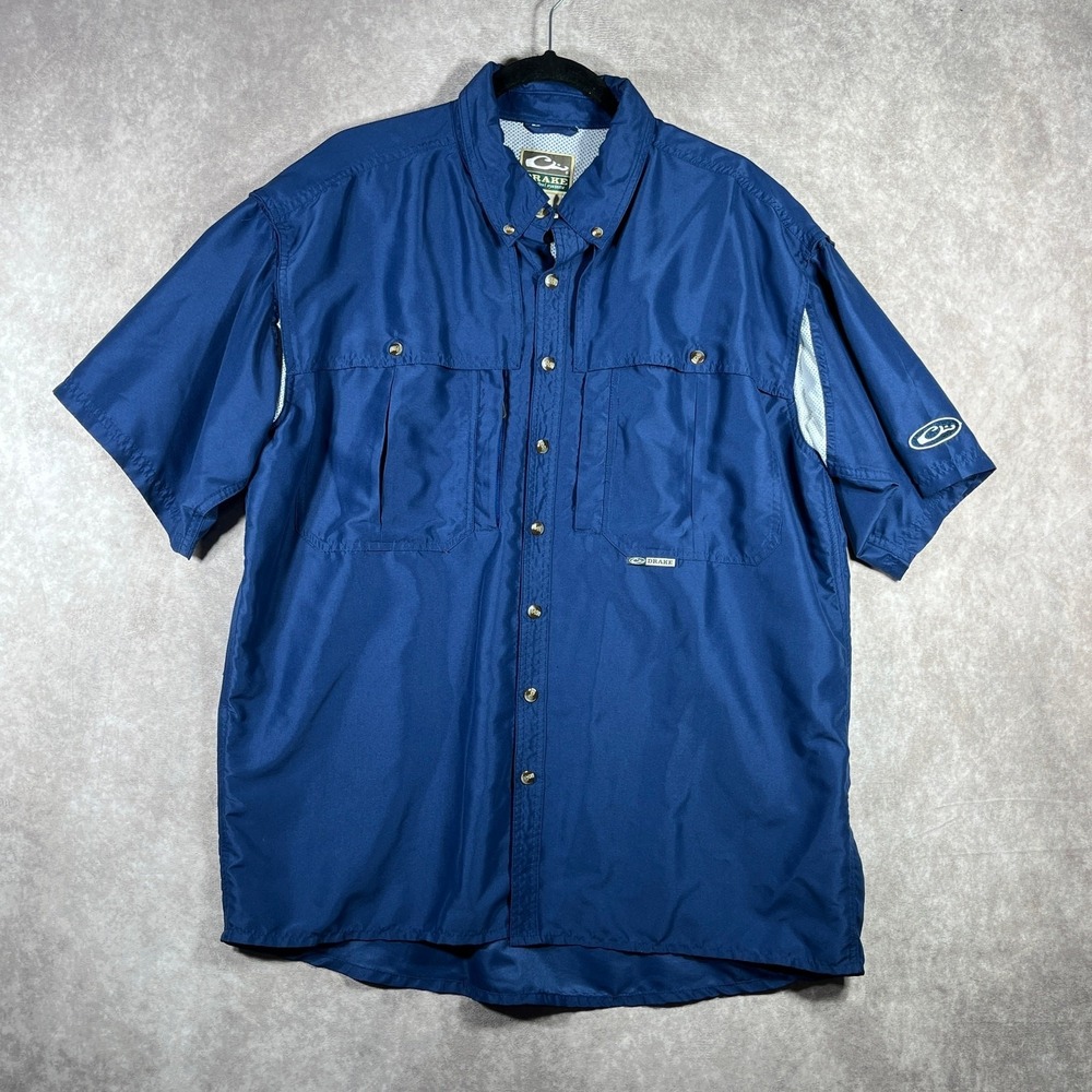 Drake Fishing Shirt Mens Large Blue Button Down Vented Outdoor Short Sleeves